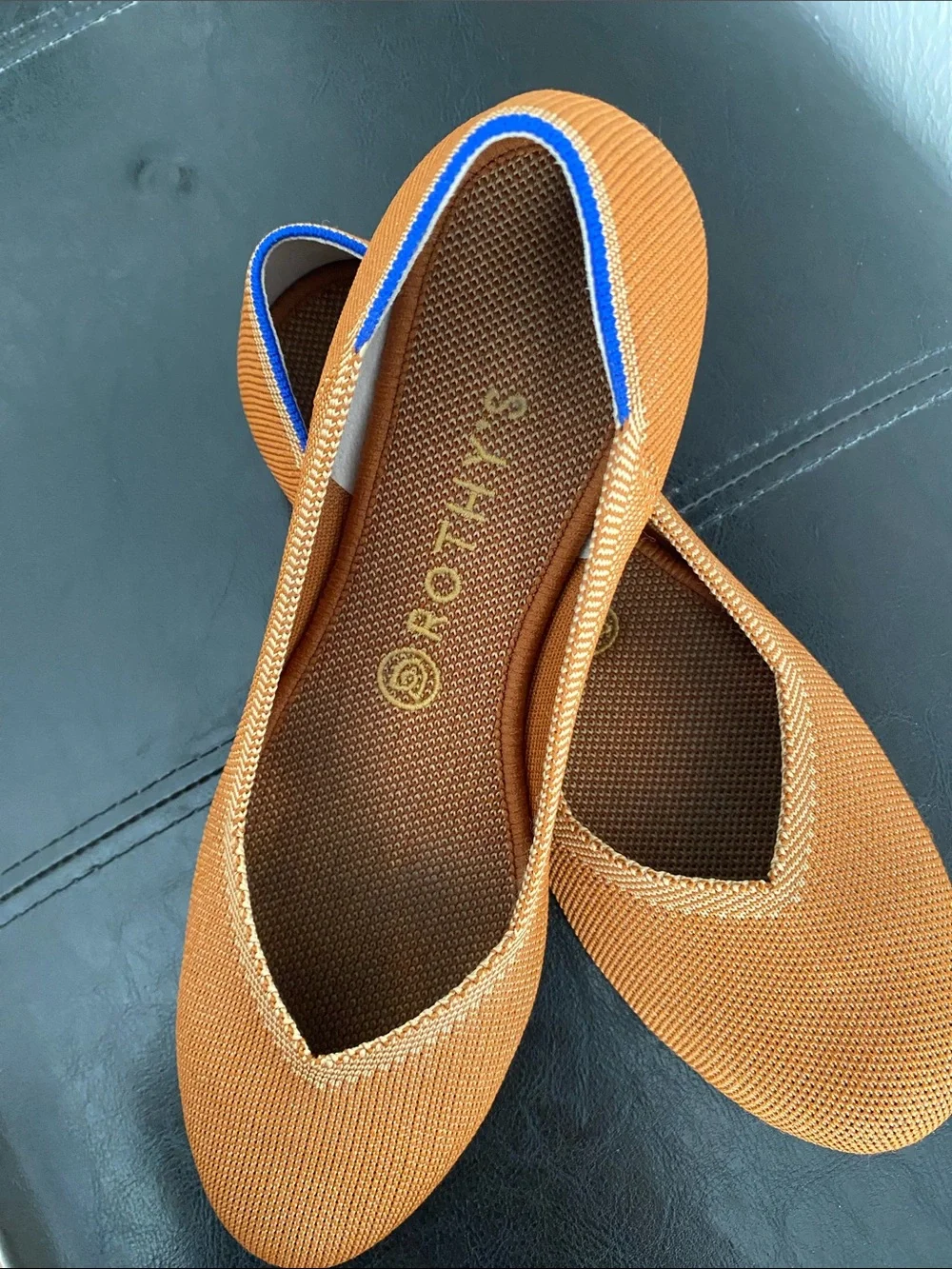 Rothy's Caramel Knit Flats with Blue Trim - Picture 2 of 10